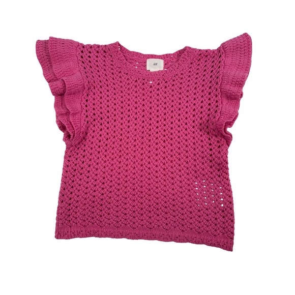 H&M Tops - H&M Women's XS Fuchsia Pink Crochet Knit Ruffle Sleeve Top Open Weave Crew Neck